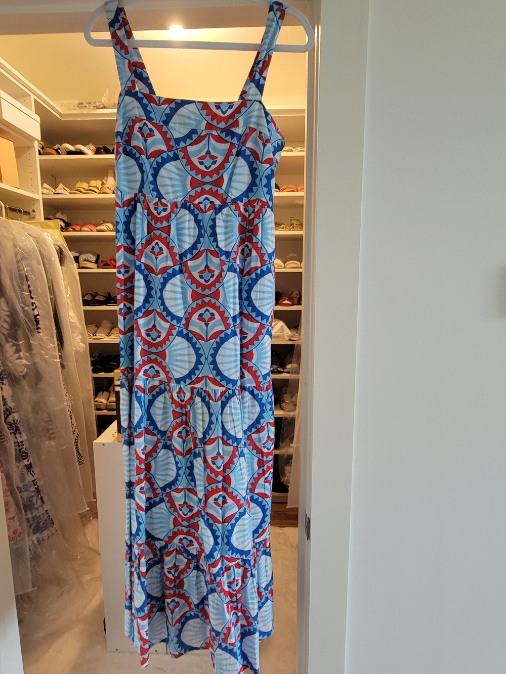 Authentic Oliphant Designer. Blue & Red Geometric Maxi Dress. Like New.